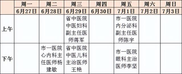 名医专家到“家门口”坐诊啦！排班表请收好（医院专家坐诊一览表）